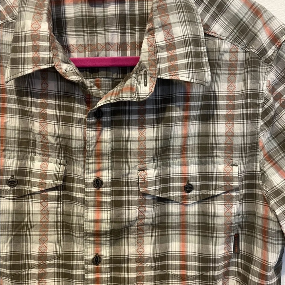 Merrell Men’s Brown Orange Plaid Shirt Sleeve Button Down Shirt Size Medium EUC - Picture 2 of 5